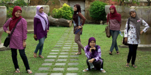Javanese girls posing at the water palace in yogyakarta